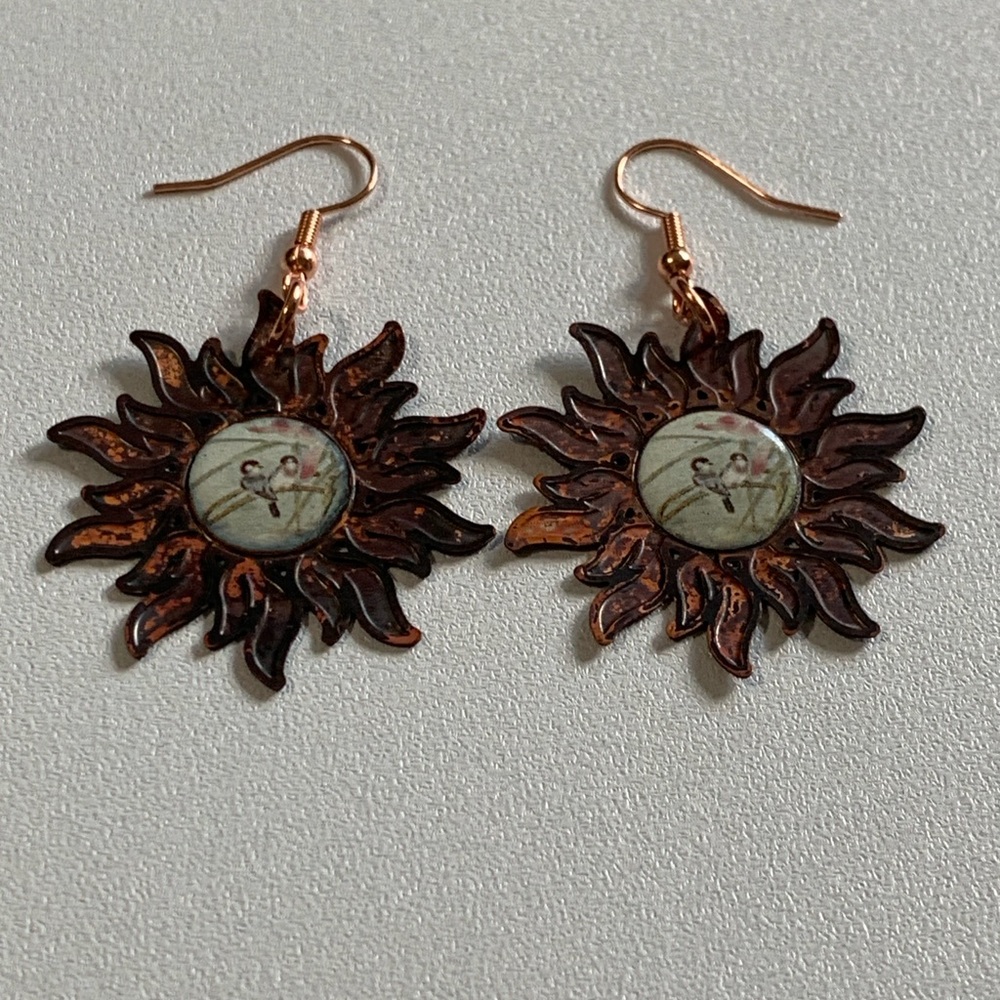 Copper Hand-Enameled Sun Earrings - Artisan Crafted with Tiny Chickadee Birds